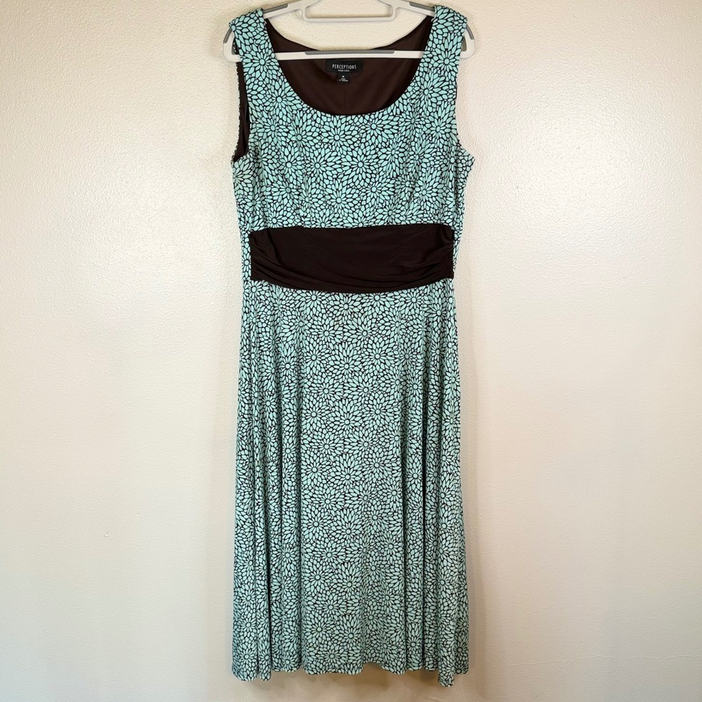 Perceptions New York Mint Green Brown Floral Empire Waist Midi Dress Womens 16
